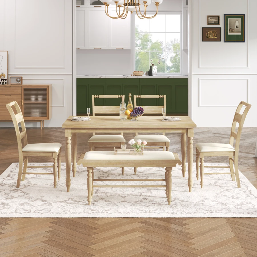 Blagovaona set od 6 komada sa isklesana nogama, kuhinjski stol s mekim обеденными stolice i klupe, retro stil, prirodni materijal