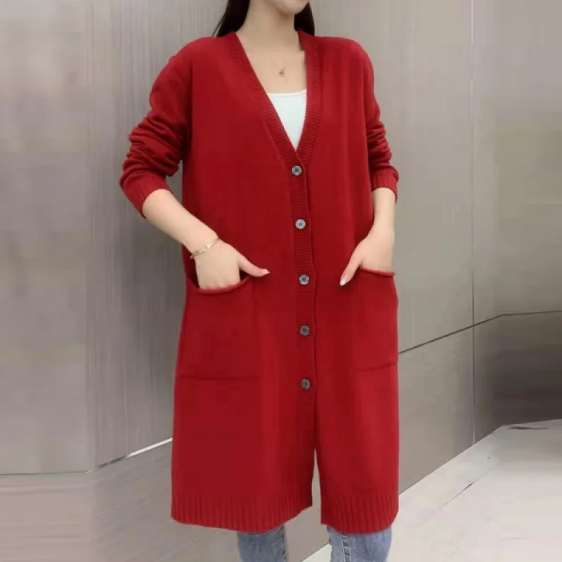 Jesensko-zimski kaput-džemper 2021 g., ženski kardigan srednje dužine, velike veličine, slobodan i lijeni stil, debele pletene kardigan, ženski 8611