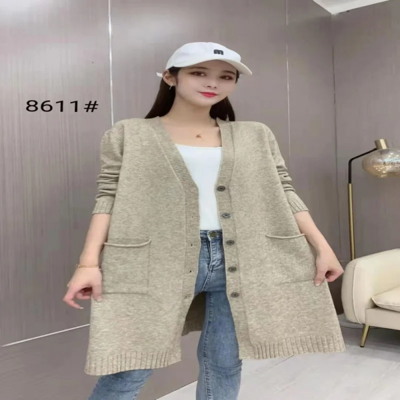 Jesensko-zimski kaput-džemper 2021 g., ženski kardigan srednje dužine, velike veličine, slobodan i lijeni stil, debele pletene kardigan, ženski 8611