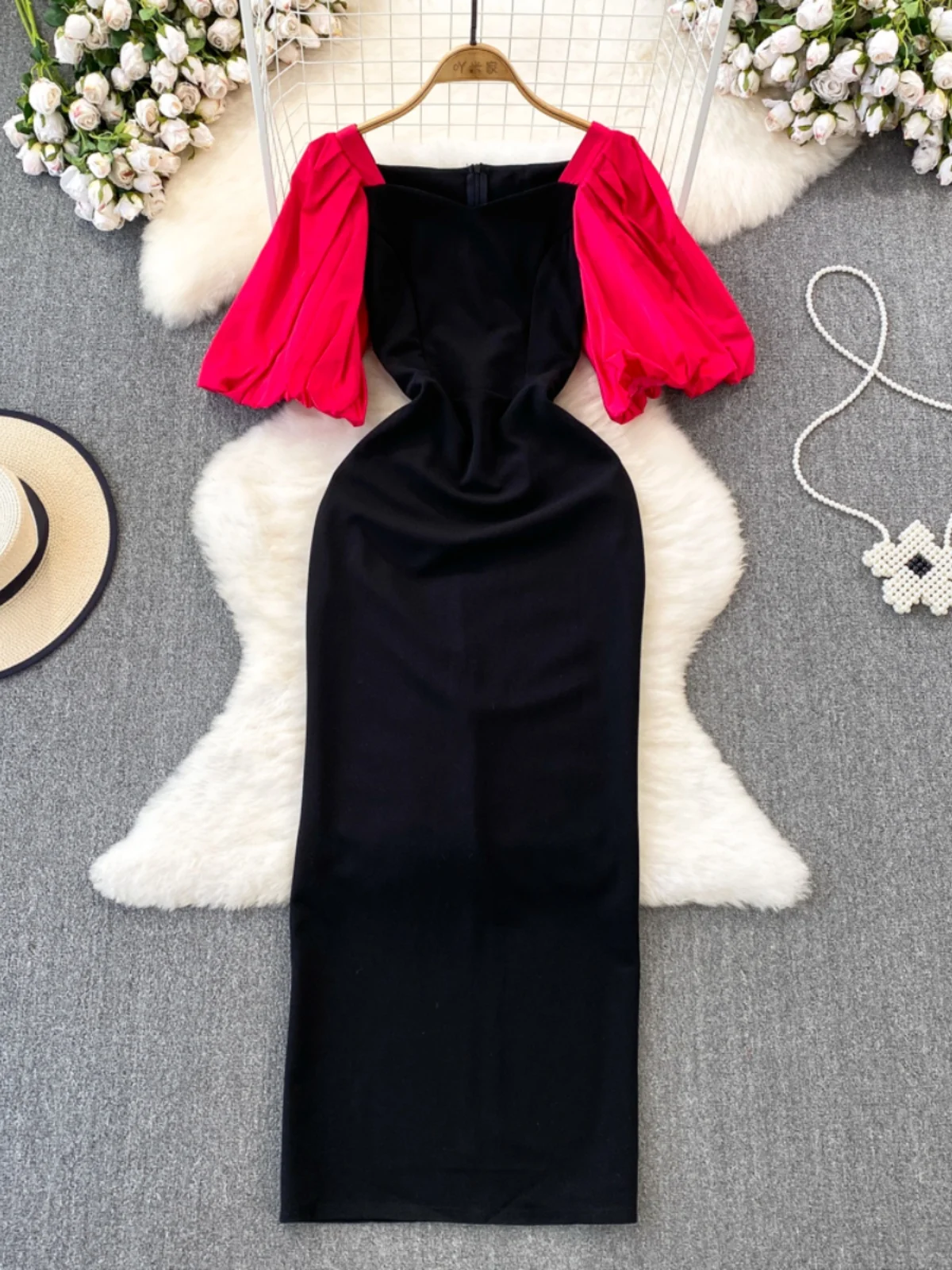 Kimutomo Vintage Foldes Design, Duga haljina za mršavljenje, Elegantan kvadratnom okovratnik, rukavi-svjetiljke, Jednostavne haljine Ins New Tide