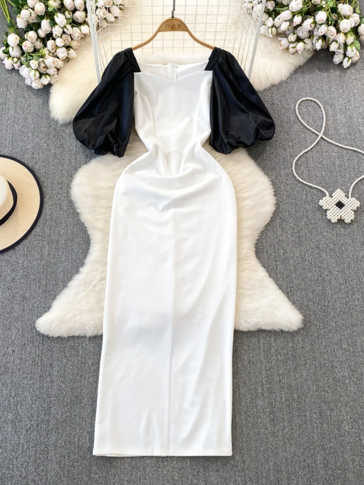 Kimutomo Vintage Foldes Design, Duga haljina za mršavljenje, Elegantan kvadratnom okovratnik, rukavi-svjetiljke, Jednostavne haljine Ins New Tide