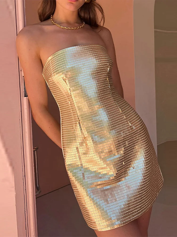 Metalni Zlatni briljantne mini haljina bez naramenica Ženske Elegantne uske haljine bez rukava s otvorenim leđima 2024 Fashion Lady Party Club Vestidos