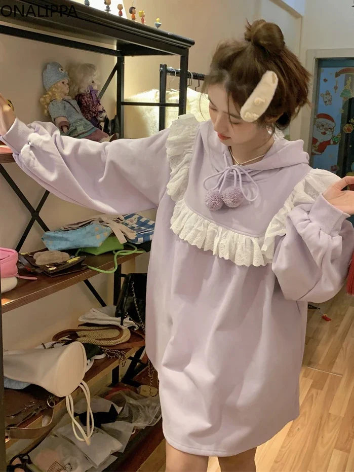 Mini haljina u stilu patchwork s slatka čipkastim ukrašen Onalippa za žene, runo slobodna majica sa kapuljačom, Korejski modni pulover elegantnom dizajnu