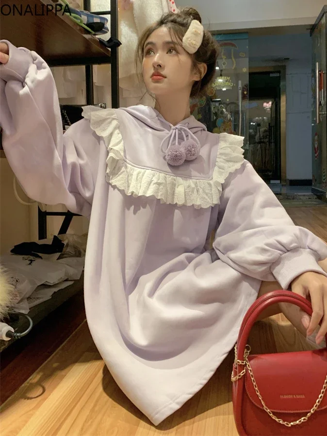 Mini haljina u stilu patchwork s slatka čipkastim ukrašen Onalippa za žene, runo slobodna majica sa kapuljačom, Korejski modni pulover elegantnom dizajnu
