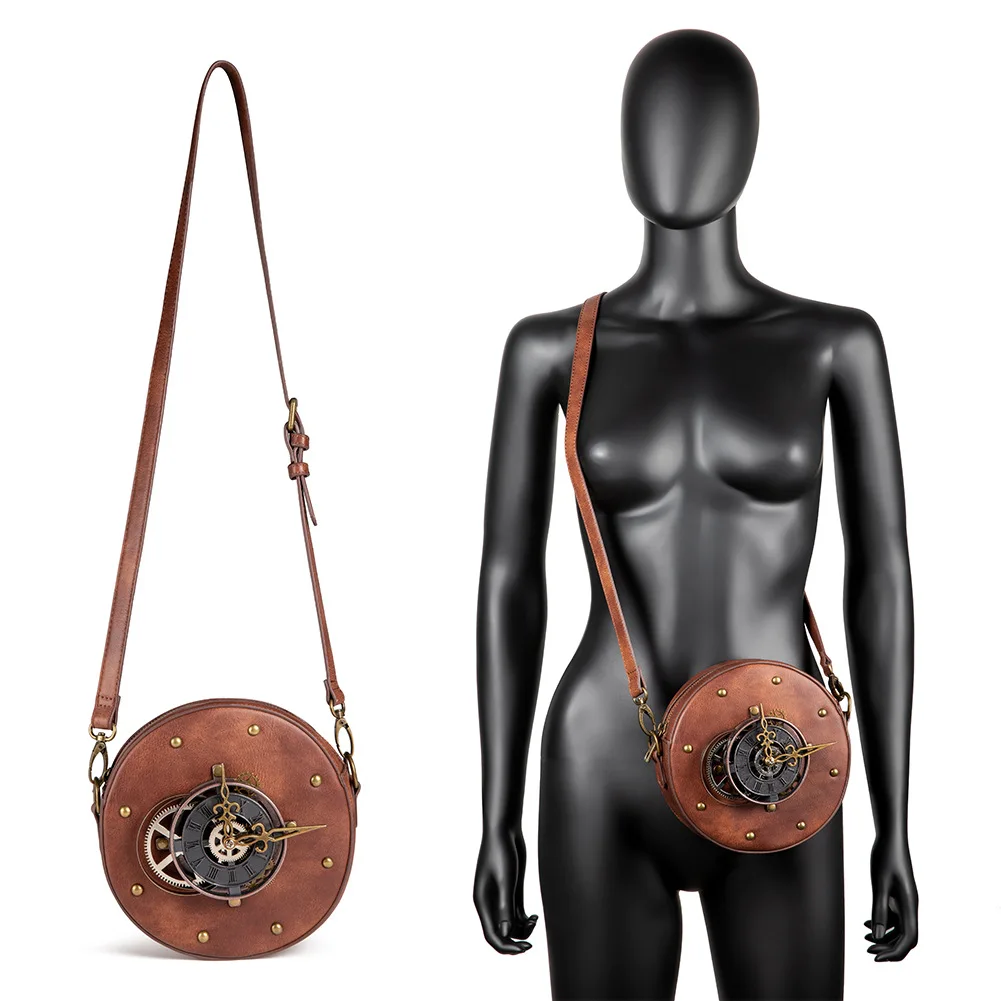 Modna torba u stilu steampunk Okrugli Vintage sat Ženske torbe preko ramena od umjetne kože Svakodnevne Torbe preko ramena Nove akvizicije Smeđa torba