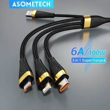 ASOMETECH 3 u 1 USB Kabel za punjenje 6A 100 W za Huawei/Honor Prijenosni Kabel Micro USB TypeC Kabel Za punjenje iPhone 14 Samsung