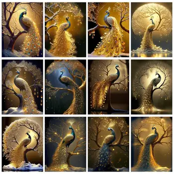 GATYZTORY Diy Painting By Numbers Okvir Zlatni Paun Crtanje Po Brojevima Poklon Set Boje, Ručni Rad Zid Umjetnost Za Odrasle
