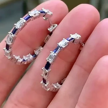 Naušnice-prsten od plavog/kristalne kubni cirkonij za žene, luksuzne okrugle naušnice, pribor za svadbene zurke, nakit