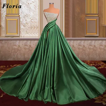 Večernje haljine Floria od zelenog satena s prorezom sa strane i perle, izvezena šljokicama, 2022, Ženske haljine za maturalnu večer u arapskom Dubaiju, haljina slavne osobe