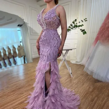 Serene Hill Pink Sirena, Raskošne večernje haljine s visokim prorezom, haljine od perja i perle, Duge 2024 Za žene, vjenčanje college LA72152