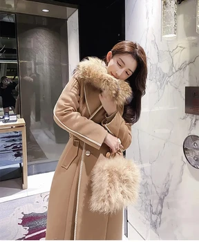 2024, Klasična luksuzna ženska jakna kaki od prirodne vune, Izmjenjivi kragnom od krzna rakun, Elegantan moderan vanjski odijevanje