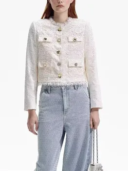 Ženska kratka jakna sa izvezenim, Novo proljeće 2024, однобортное donje tanki kaput s okruglog izreza i dugim rukavima i džepovima