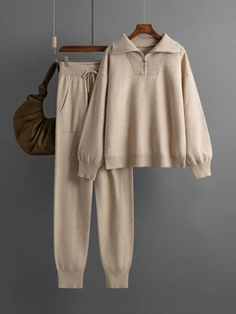 Jesensko-zimskom ženski džemper, kompleti iz dva predmeta, ovratnik Polo, Tople pletene pulover, Setove za hlače, pribor iz 2 predmeta, ženska odjeća, ženska odjeća