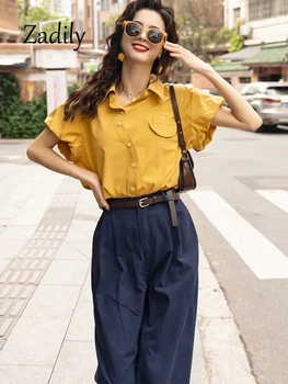 Zadily 2023 Ljetnim Office ženske cipele kratkih rukava-svjetiljku, Ženska shirt asymmetric U Korejskom stilu, Ženska bluza na zakopčane, Radni ženski top