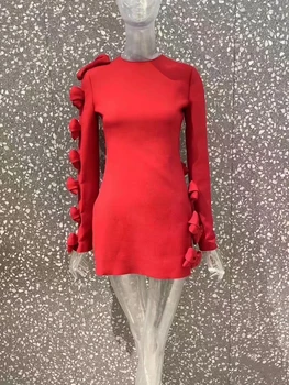 Proljeće-crvena mini haljina je ručni rad s lukom i dugi rukav 2024 godine
