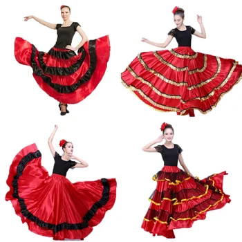Lady velike veličine, suknja za španjolski flamenco, Plesne kostime, Odjeća za žene, crvena, crna, Španjolski Festival borbe s bikovima, Odjeća za trbušni ples