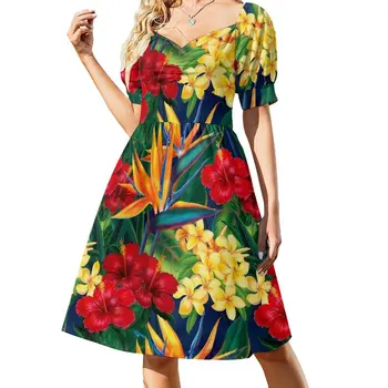 Tropski raj, Havajski rajske ptice, ilustracija haljina, haljina za ljeto 2023, žene