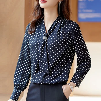 Proljeće-Jesen Modni Majice U Crnu Grašak, Ženske Radne Bluze i Majice, Ženska Odjeća Dugih Rukava, Novi Stil