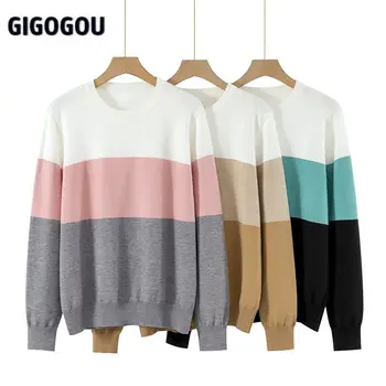 GIGOGOU, Ženski džemper duginih boja, dizajn pletene skakač u patchwork stilu, Jesen-zima, Ženski Puloveri, Top, Ženska odjeća