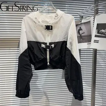 Ženski kaput yuerwang 2023 Proljeće S kapuljačom, crno-bijela Krema Za sunčanje, Kratka jakna u ton, Modni Slobodne Svakodnevne ženske majice
