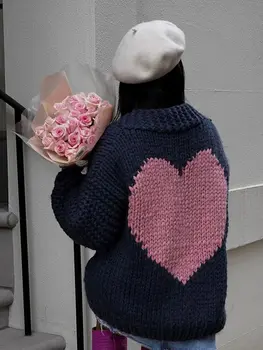 Kardigan s uzorkom srca straga, pletene kukičanje, ženski džemper sa V-izrez i rukava-svjetiljku ispred, jesenski casual odjeća za turizam 2023
