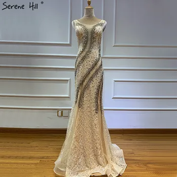 Zlatne haljine s okruglog izreza i raskošan Дубайским dizajnom 2023, Čipkan haljinu sa biserima i kristalima 