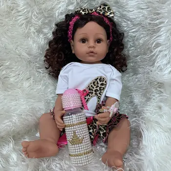 55 cm ORIGINALNA silikonska lutka za novorođene djevojčice cijelog tijela, princeza, smeđa koža, kovrčava kosa, realno je fleksibilan djevojka na dodir