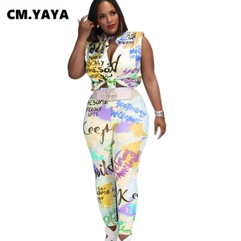 Ženski komplet CM. YAYA s po cijeloj površini Grafiti, top bez rukava s odbačenost ovratnik, elastične duge hlače-pakovanje komplet od 2 predmeta, trendy odjeću