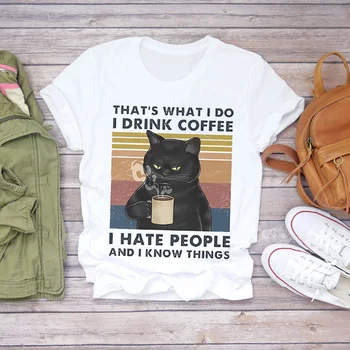 Ženska majica s Crtani Mačka 90-ih, Kava, Zabavan, Moderan, sa po cijeloj površini na Halloween, Ženske Majice, Top, Ženska Grafički t-shirt, Ženska Футбо