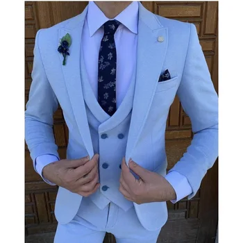 Svijetlo plava Setove Muških odijela Sim Fit Na red, Tuxedos za Svadbene odjeće, Službena odjeća 3pcs (Jakna + Hlače + Prsluk), sportska jakna, Hlače