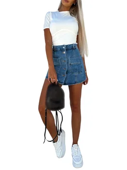 Traper kratke hlače trapeznog oblika s visokim strukom, prednja džepa i kopčom za gumbe - Kratke-mini-traper suknja za ženske svakodnevne ljetne odjeće