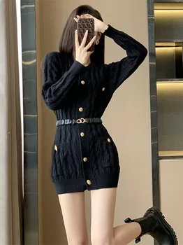 Hmsevenjz 2023, novi Korejski modni трикотажное haljina, Ženski jedinstveni Crna casual džemper s mirisom, haljina za bedra, ženska odjeća