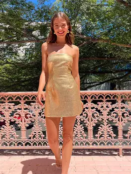 Metalni Zlatni briljantne mini haljina bez naramenica Ženske Elegantne uske haljine bez rukava s otvorenim leđima 2024 Fashion Lady Party Club Vestidos