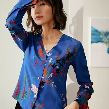 Nova svilene košulja ženska košulja od svile dud s cvjetnim ispis, jakna, plava majica s v-izrez i dugih rukava, slobodna