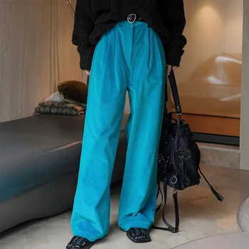 2023 Ženska Jesen Samt hlače s visokim strukom i širokim штанинами Modni odjeću Plave hlače Ženske Pantalon Fluide Femme Duge Hlače