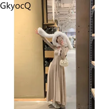 GkyocQ Elegantan Ženski haljina S V-izrez, Pletene Duge haljine U Korejskom stilu, Berba Čiste Seksi suknje trapeznog oblika 2023, Jesenski Ženska odjeća