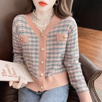 Proljeće-jesen pletene kardigan s malo arome, ženski kratak džemper 2023 godine, džemper sa V-izrez i dugi rukav za smanjenje dob, ženski top