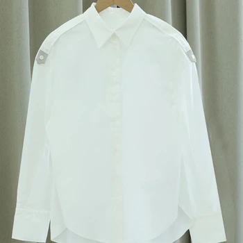 Ženska majica 2022, Proljeće i jesen, Nove ukrasne эполеты s lancem od perli, bijela košulja, ženska casual košulja, dugi rukav, top