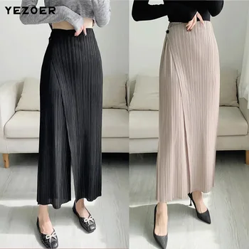 Ženske nabrane čvrste, široke hlače YEZOER s fleksibilnim visokog struka, ženske elegantne hlače slobodnog stila 2023 Ljeto