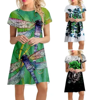 Ljetno Ženske haljine s 3D ispis kratkih rukava, haljina s okruglog izreza, noćna haljina kratkih rukava