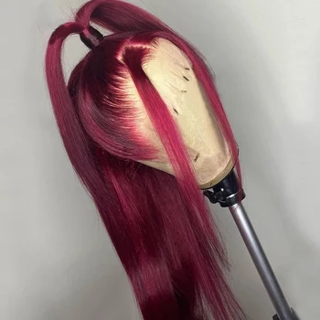 Tamnocrvena 99J Crvena Izravna sintetička perika na кружеве za crne ženske kose od 30-inčni toplinski vlakana, pre выщипанный Soft casual perika