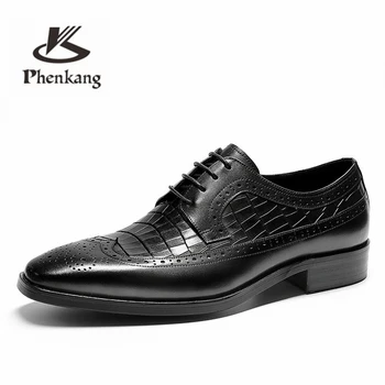 Muška službena obuća Oxfords od prave kože za muškarce, elegantan vjenčanje gospodo броги, ured za cipele čipka-up, muške cipele 2020